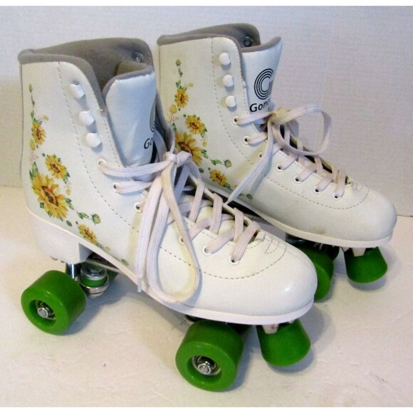 Gonex Roller Skates White Green Sunflowers 4 Wheels Double Row Leather Size 9 - Picture 2 of 9